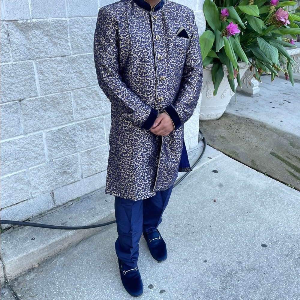 Mens Indian Wedding Party Sherwani Kurta Navy/Gold